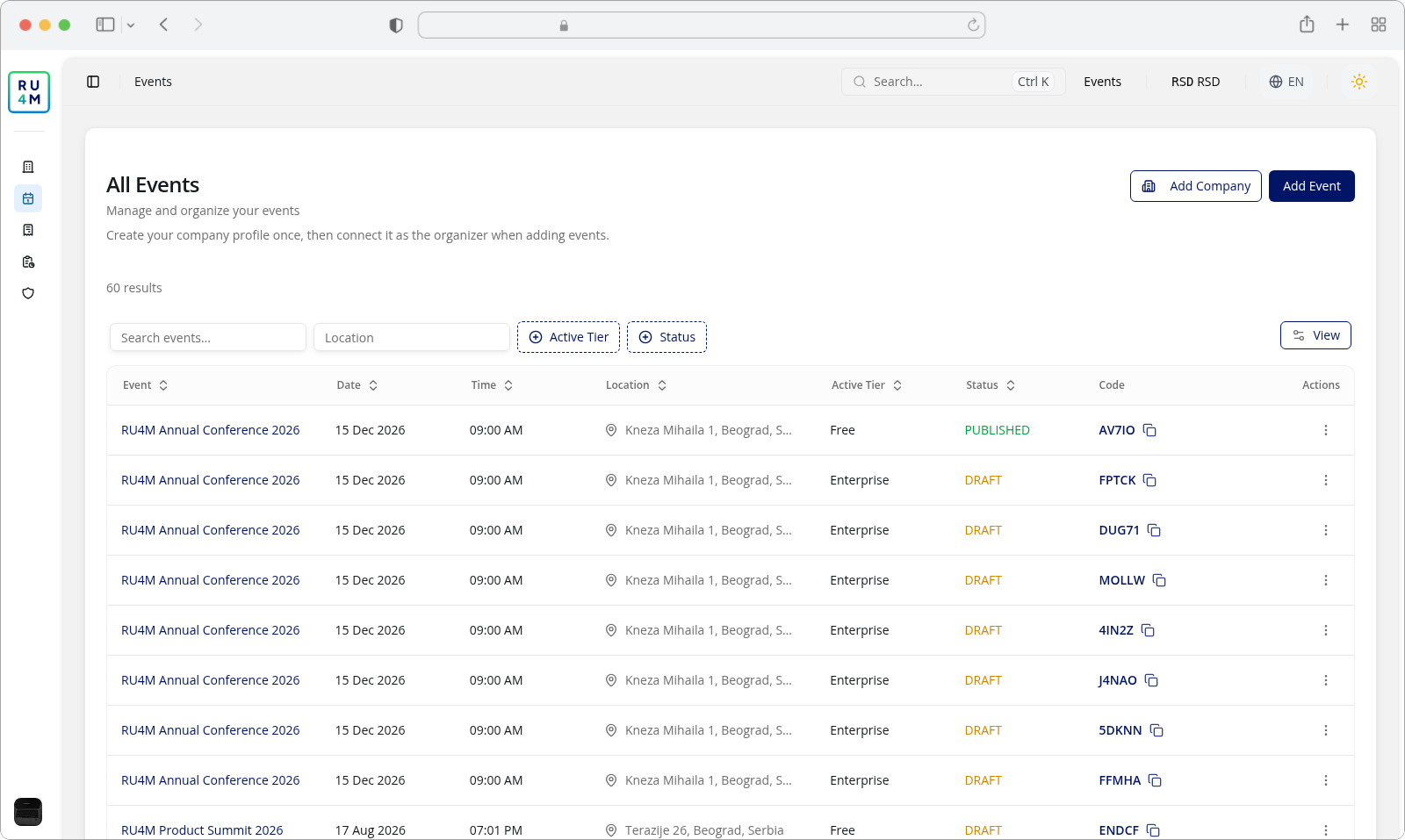 The event dashboard after a successful sign-in, with the sidebar navigation and the events list